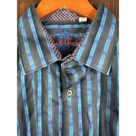 Robert Graham Multicolored Striped Shirt Blue Purple Red Cuffs Mens 2XL XXL EUC - Picture 6 of 9